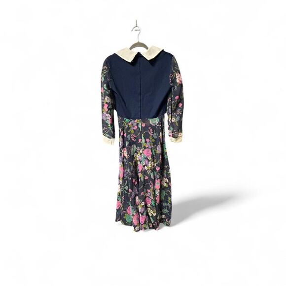 Vintage 70s handmade midi navy floral dress white pointed collar Small - Picture 2 of 4